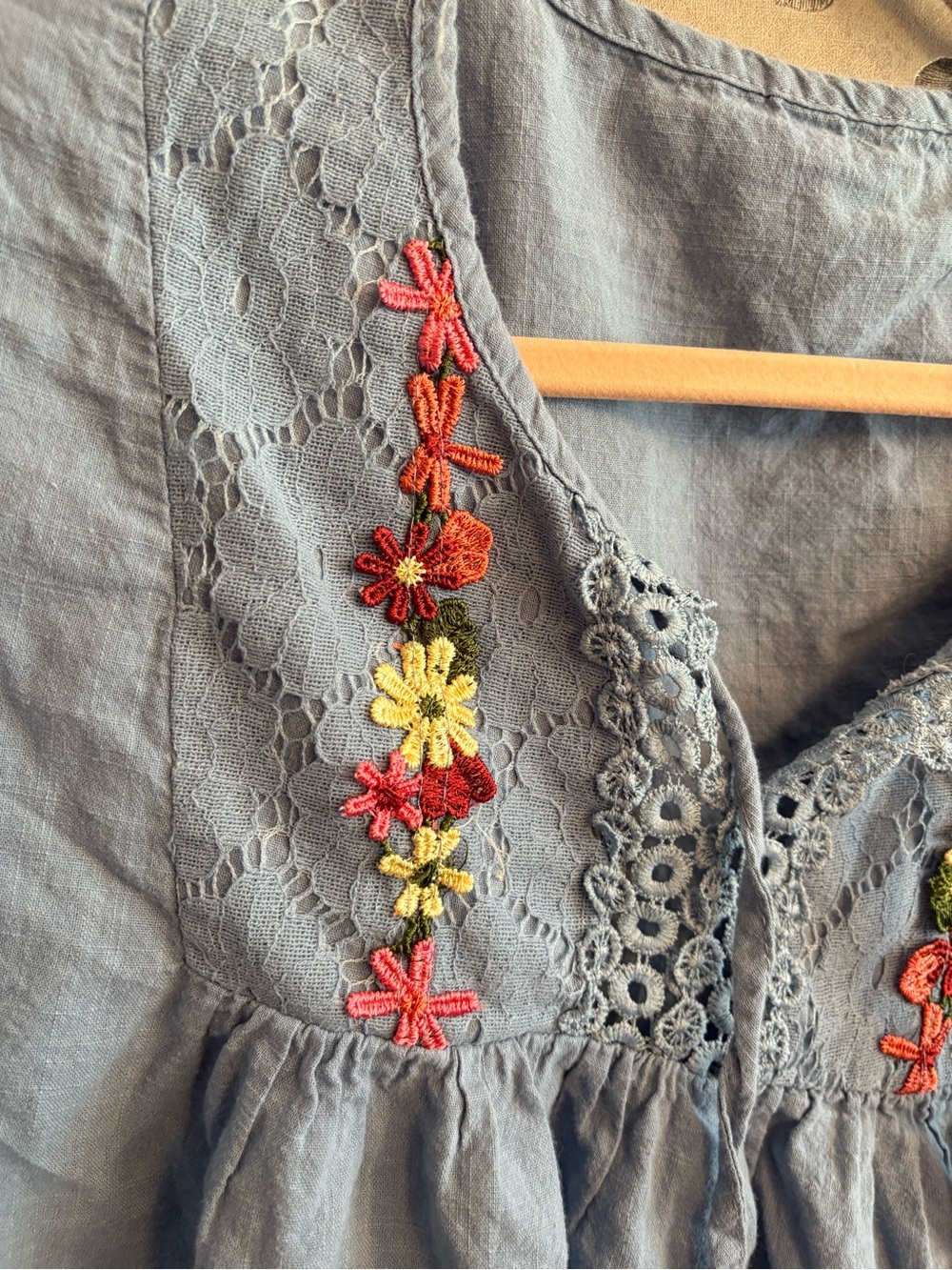 Boho Embroidered Light Blue Peasant Top - Picture 2 of 3